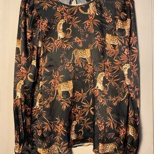 Relaxed Black and Brown Blouse with Vintage Print